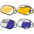 Oval-shaped pop-up banners in bright yellow, blue, and white featuring various designs and a logo.