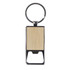 A drink bottle opener keytag with a rectangular wooden panel and a silver metal keyring.