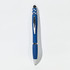 A blue fidget pen featuring a stylus tip, silver accents, and a branding logo.