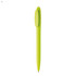 A bright green plastic pen with a rounded top and a logo on the side.