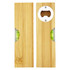 A drink bottle opener made of bamboo featuring a metal opener and spirit levels on either side, with green accents.