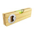 A drink bottle opener and leveller made of bamboo with a metal opening, featuring a spirit level.