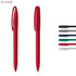 A red plastic pen is displayed alongside black, grey, green, and blue pens. Each pen has a simple design and branding.