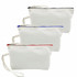 Three canvas cosmetic bags in white, each with a coloured zip (black, blue, and red) and a wrist strap.