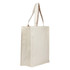 A light beige tote bag with two handles and a simple design, featuring a logo on one side.