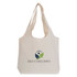 A cream tote bag with a logo printed on the front featuring a green leaf and blue figure.