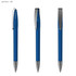 A set of three plastic pens in light blue with silver clips, displayed from different angles.