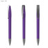A plastic pen in purple with a silver clip, featuring three angles to showcase its design.