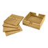 A set of bamboo coasters in natural tones, neatly stacked beside a wooden tray, featuring a simple logo.