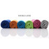 A collection of rolled cooling towels in blue, orange, green, pink, and grey, displayed in a row with a reflective surface.