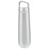 A drink bottle in a clear, transparent design with a simple handle and a screw-on lid, featuring a logo.