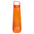 A drink bottle in a vibrant orange colour featuring a handle and a clear plastic design. It has a logo on its surface.