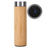 A drink bottle made of bamboo with a stainless steel lid and a digital temperature display.