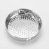 A stainless steel round tray with perforated holes, featuring a small handle on the side.