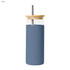 A drink bottle with a blue sleeve and bamboo lid, featuring a metal straw and a clear glass body.