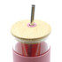 A drink bottle with a pink sleeve, bamboo lid, and a metal straw. It features a logo on the side.
