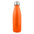 A drink bottle in vibrant orange with a shiny stainless steel cap and a sleek, single-wall design. It features a logo.