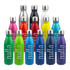 A collection of multi-coloured aluminium drink bottles with stainless steel caps, featuring a logo.