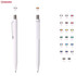 A white plastic pen featuring a chrome tip, accompanied by a variety of colourful caps. Includes a logo.