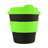 A drink bottle featuring a black body with a bright green lid and grip, designed as a reusable coffee cup.