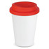 A reusable coffee cup featuring a white body and a red silicone lid, complete with branding.
