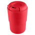 A reusable coffee cup in bright red silicone, featuring a ribbed design and a lid with a drinking opening.