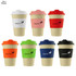 A reusable coffee cup set in various colours: white, pink, orange, green, blue, and black, featuring a logo.
