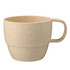 A reusable coffee cup in a light beige shade with a handle and a textured finish, featuring a brand logo.
