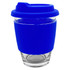 A reusable coffee cup in clear glass with a bright blue silicone sleeve and lid. It features a logo on the sleeve.