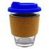 A reusable glass coffee cup featuring a blue lid and cork sleeve for insulation. It includes a logo.