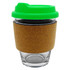 A glass coffee cup with a cork sleeve and a bright green lid. It features a branding logo.