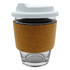 A glass coffee cup with a white lid and cork sleeve, showcasing a clear glass body.