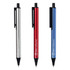 Three metal pens in silver, red, and blue, featuring a clip and branded logo.