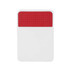 A white fridge magnet clip featuring a textured red gripping surface at the top. It includes a logo.