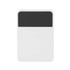 A white fridge magnet clip with a textured black grip at the top. It has a simple design and a logo on it.