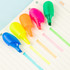 Five highlighters in blue, orange, yellow, pink, and green arranged on lined paper, with matching highlights below each.