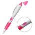 A highlighter pen in pink and white, featuring a retractable tip and a branding logo on the side.