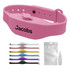 A pink wristband hand sanitiser dispenser with a logo, alongside a variety of coloured bands and a small bottle.