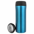 A drink bottle in vibrant blue with a black lid, featuring a sleek, metallic finish and a removable base.