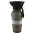 A drink bottle in grey with a black funnel and a silicone band, featuring a carabiner attachment.