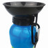 A drink bottle in blue with a black funnel top and a carabiner clip, featuring a logo.