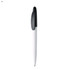 A white plastic pen with a black cap and a branding logo on the side.