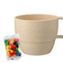 A drink cup in a natural beige colour, accompanied by a pack of colourful jelly beans, featuring a logo.