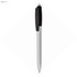 A silver plastic pen with a black grip and silver clip, featuring a branding logo.