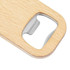 A drink bottle opener key ring made of bamboo with a stainless steel opener, featuring a natural wood finish.
