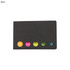 A black sticky note pad with a design featuring colourful dots in orange, pink, yellow, green, and blue.