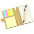 A sticky note pad featuring yellow, pink, green, and blue notes, with a blank notepad and a pen, in a brown cover.