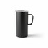 A black travel mug with a transparent lid and handle, suitable for hot or cold beverages.