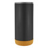 A travel mug featuring a matte black exterior and a cork base, with a metallic lid. It has a simple and modern design.