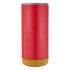 A travel mug featuring a red body with a cork base and a silver lid, displaying a logo.